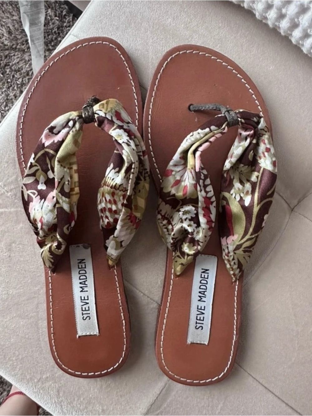 Steve Madden Brown Floral Scarf-Detail Thong Sandals